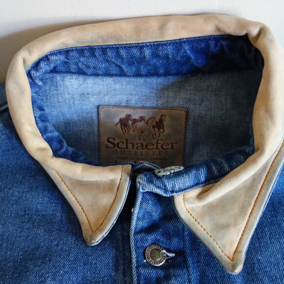 Vtg SCHAEFER OUTFITTER Heavyweight Denim Jacket w/ Leather trim Mens Large ssfis - Picture 4 of 11